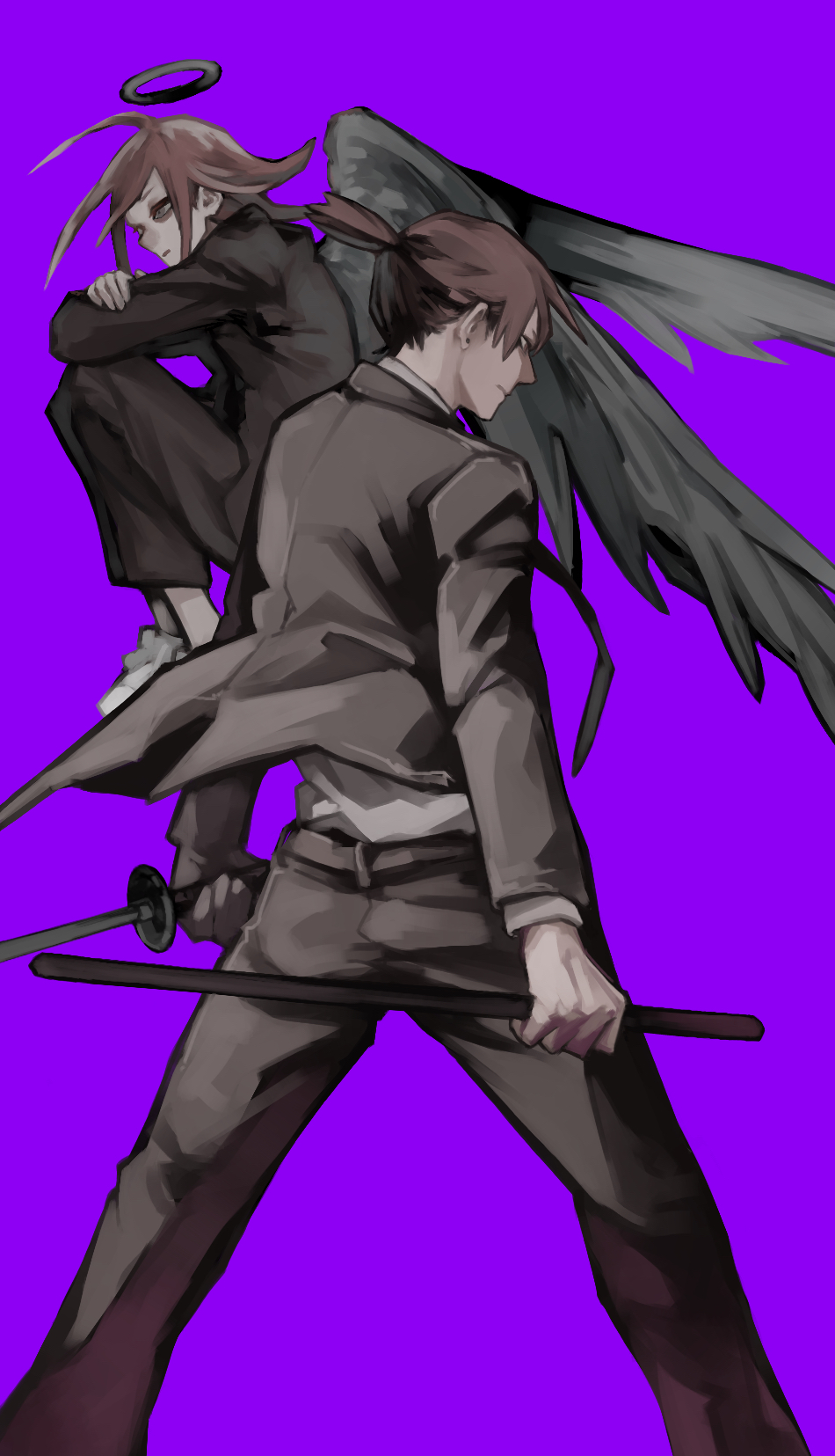 2boys angel_devil_(chainsaw_man) angel_wings bangs black_jacket black_necktie black_pants brown_hair chainsaw_man fetal_position formal grey_wings halo hayakawa_aki highres holding holding_sheath holding_sword holding_weapon jacket katana long_hair looking_back looking_to_the_side medium_hair multiple_boys nakano_(2_mannaka) necktie pants purple_background sheath shirt sidelocks simple_background sword topknot weapon white_footwear white_shirt wings