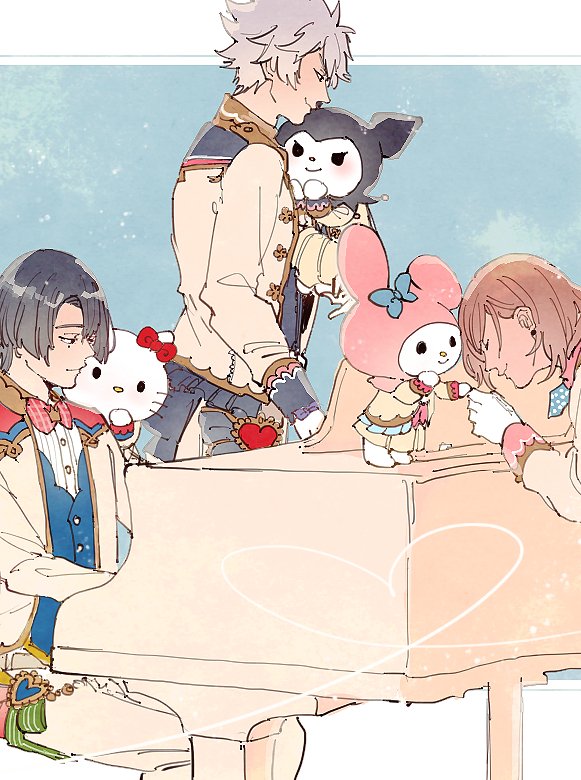3boys black_hair blue_background blue_vest bow bowtie carrying checkered_bow checkered_bowtie checkered_clothes child_carry closed_eyes dress_shirt feet_out_of_frame from_side gloves grey_hair hello_kitty_(character) hijirikawa_masato instrument jacket jinguuji_ren kiss kissing_hand kuromi kurosaki_ranmaru looking_at_another male_focus medium_hair mole mole_under_eye multiple_boys music my_melody official_alternate_costume open_clothes open_jacket orange_hair pants playing_instrument playing_piano portrait profile red_bow red_bowtie sanrio shirt short_hair sitting skirt sleeve_cuffs smile spiky_hair standing straight_hair stuffed_animal stuffed_bunny stuffed_cat stuffed_toy upper_body uta_no_prince-sama uta_no_prince-sama:_shining_live vest white_gloves white_shirt xxll yellow_jacket yellow_pants yellow_skirt