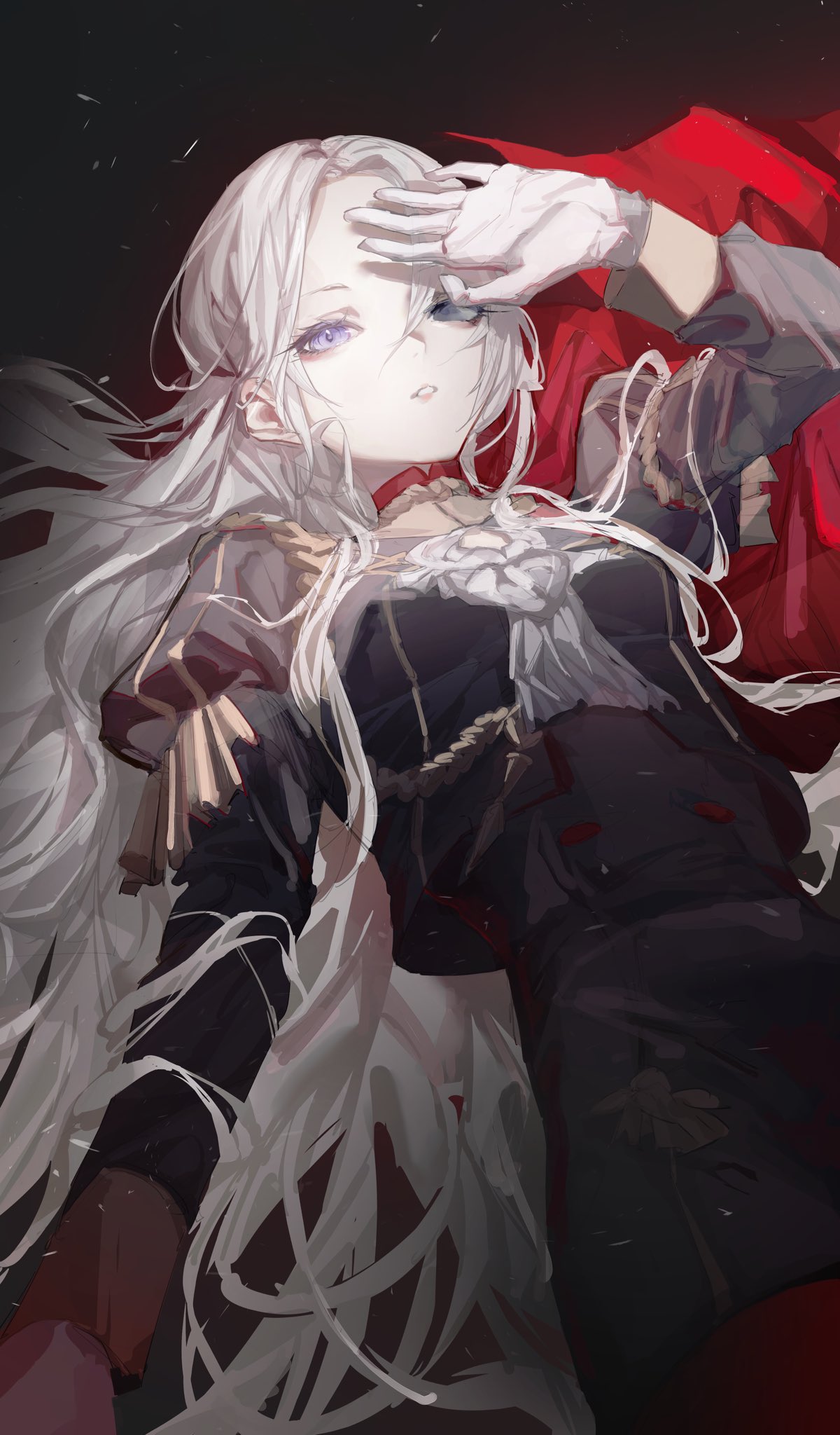 1girl breasts cape closed_mouth edelgard_von_hresvelg fire_emblem fire_emblem:_three_houses garreg_mach_monastery_uniform gloves hair_ornament hair_ribbon highres long_hair long_sleeves looking_at_viewer pantyhose red_cape ribbon simple_background solo suimin_(sui_0y0) violet_eyes white_hair