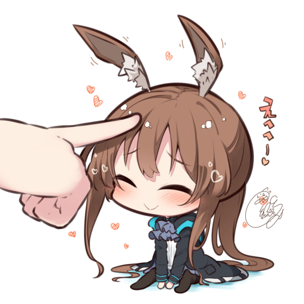 1girl ^_^ amiya_(arknights) animal_ear_fluff animal_ears arknights ascot bangs beni_shake black_jacket blue_ascot blush brown_hair chibi closed_eyes closed_mouth colored_shadow commentary_request headpat heart jacket long_hair minigirl no_shoes open_clothes open_jacket pantyhose ponytail rabbit_ears shadow shirt signature sitting smile solo_focus translated very_long_hair white_background white_shirt
