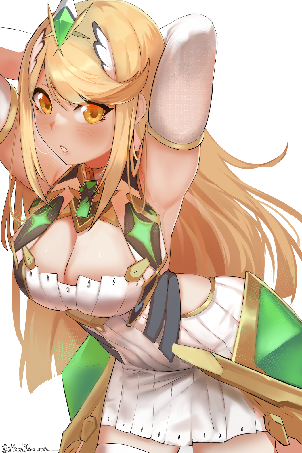 1girl a_big_brother armpits arms_behind_head blonde_hair breasts dress gem hair_ornament highres jewelry large_breasts leaning_forward legs long_hair looking_at_viewer mythra_(xenoblade) pose solo thighs tiara xenoblade_chronicles_(series) xenoblade_chronicles_2 yellow_eyes