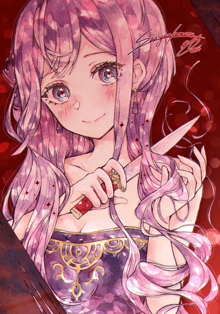 1girl akamaru_saasha bernadetta_von_varley blush cutting_hair fire_emblem fire_emblem:_three_houses long_hair purple_hair signature smile