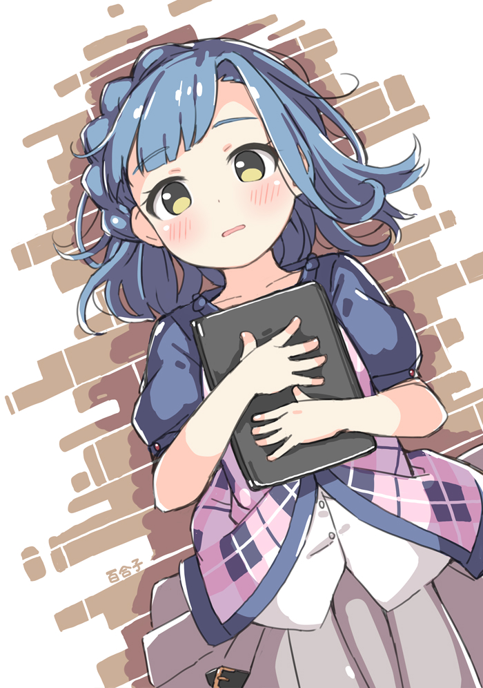 1girl bangs blue_hair blue_sleeves blush braid cardigan cowboy_shot dot_nose embarrassed from_above grey_skirt holding holding_tablet_pc idolmaster idolmaster_million_live! kuresuku_(lessons) looking_at_viewer lying nanao_yuriko on_floor parted_lips pink_cardigan puffy_short_sleeves puffy_sleeves shirt short_hair short_sleeves simple_background skirt solo tablet_pc white_shirt yellow_eyes