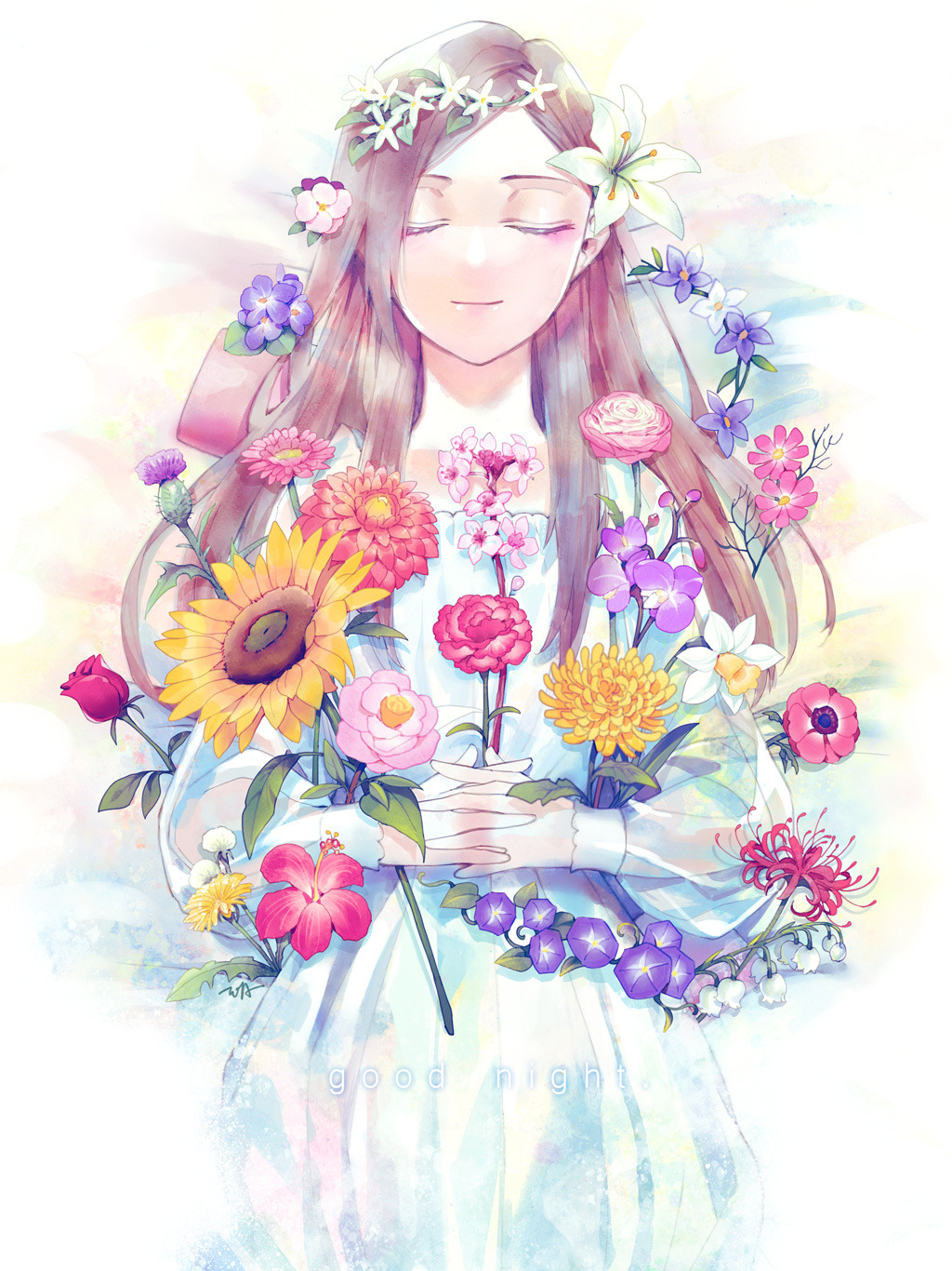 1girl a3! brown_hair carnation english_text facing_viewer flower head_wreath hibiscus highres holding holding_flower long_hair lying morning_glory on_back poppy_(flower) rose solo sunflower tachibana_izumi thistle tooaya