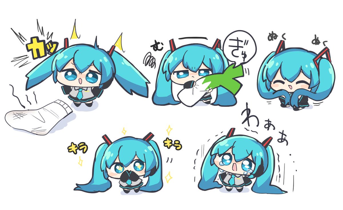 +_+ 1girl :&lt; :3 ^_^ blue_eyes blue_hair chibi closed_eyes crying crying_with_eyes_open dakimakura_(object) hatsune_miku long_hair nontao pillow spring_onion tears twintails vocaloid white_background