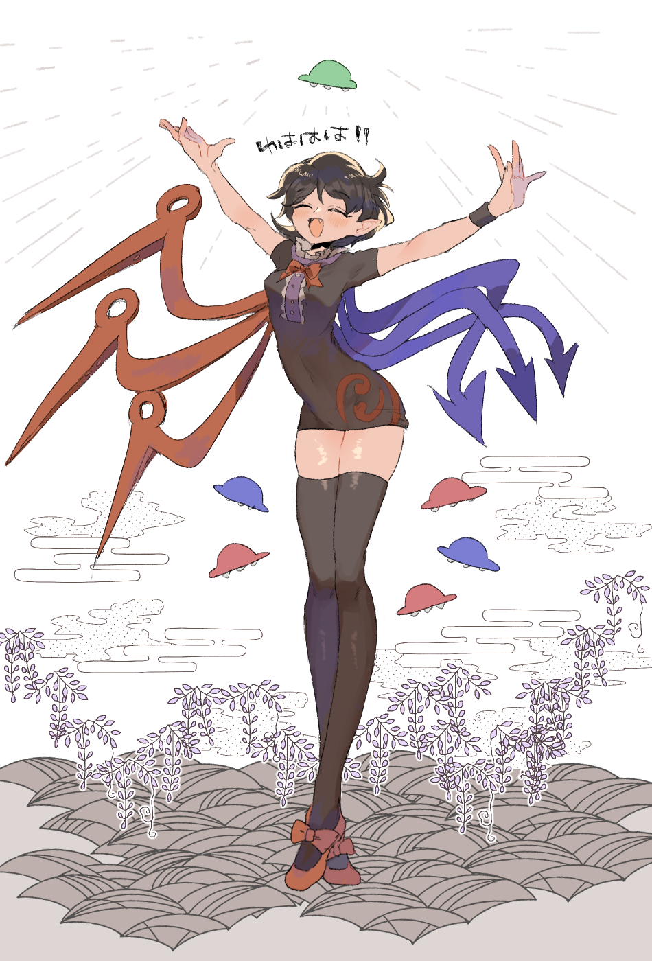 1girl asymmetrical_wings black_dress black_hair closed_eyes dress full_body highres houjuu_nue novadada outstretched_arms red_footwear shoes short_dress short_hair short_sleeves solo standing thigh-highs touhou translation_request ufo wings zettai_ryouiki