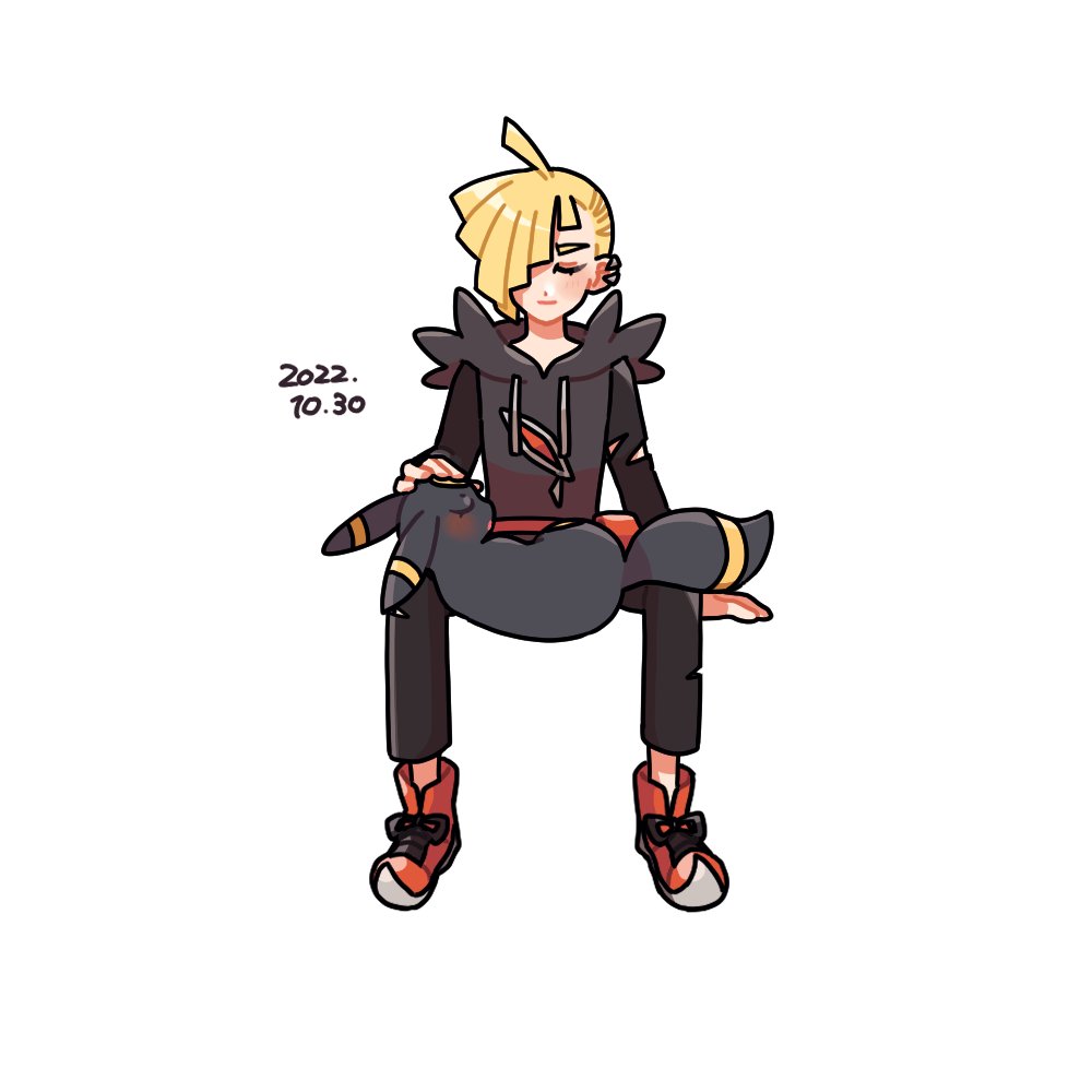 1boy ahoge arm_support bangs black_pants black_shirt blonde_hair blush closed_eyes closed_mouth commentary_request daifuku_(pokefuka_art) dated ear_piercing facing_viewer fanny_pack gladion_(pokemon) grey_vest hair_over_one_eye hood hooded_vest hoodie invisible_chair male_focus on_lap pants piercing pokemon pokemon_(creature) pokemon_(game) pokemon_on_lap pokemon_sm red_bag red_footwear shirt shoes sitting tassel torn_clothes torn_pants torn_shirt umbreon vest