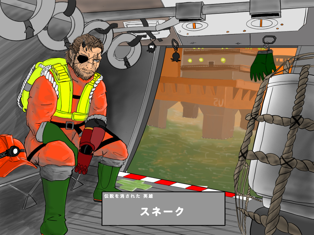 1boy alternate_costume beard belt black_horns boots box brown_hair character_name closed_mouth commentary_request cosplay door eyepatch facial_hair full_body gloves green_footwear green_gloves grey_eyes half-closed_eyes headlamp headwear_removed helicopter_interior helmet helmet_removed high-visibility_vest horns indoors inkling jumpsuit keychain knee_boots lifebuoy male_focus metal_gear_(series) metal_gear_solid_v mustache nitoran ocean octoling oil_rig one_eye_covered orange_headwear orange_jumpsuit own_hands_together partially_translated rope salmon_run_(splatoon) scar scar_across_eye scar_on_face short_hair single_glove single_horn sitting solo splatoon_(series) splatoon_3 translation_request venom_snake vest water yellow_vest