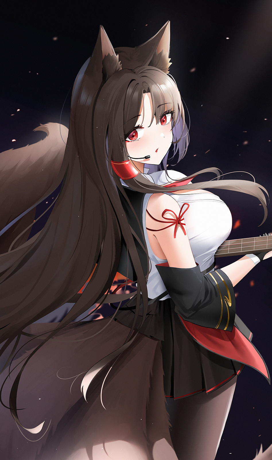 1girl akagi_(azur_lane) akagi_(muse)_(azur_lane) animal_ears azur_lane brown_hair brown_tail detached_sleeves electric_guitar eyeliner fingerless_gloves fox_ears fox_girl fox_tail from_behind gloves guitar highres holding holding_instrument instrument kitsune kyuubi looking_at_viewer looking_back makeup microphone multiple_tails pantyhose pleated_skirt polaris_(azur_lane) qing_wu red_eyes shirt skirt sleeveless sleeveless_shirt standing tail white_shirt