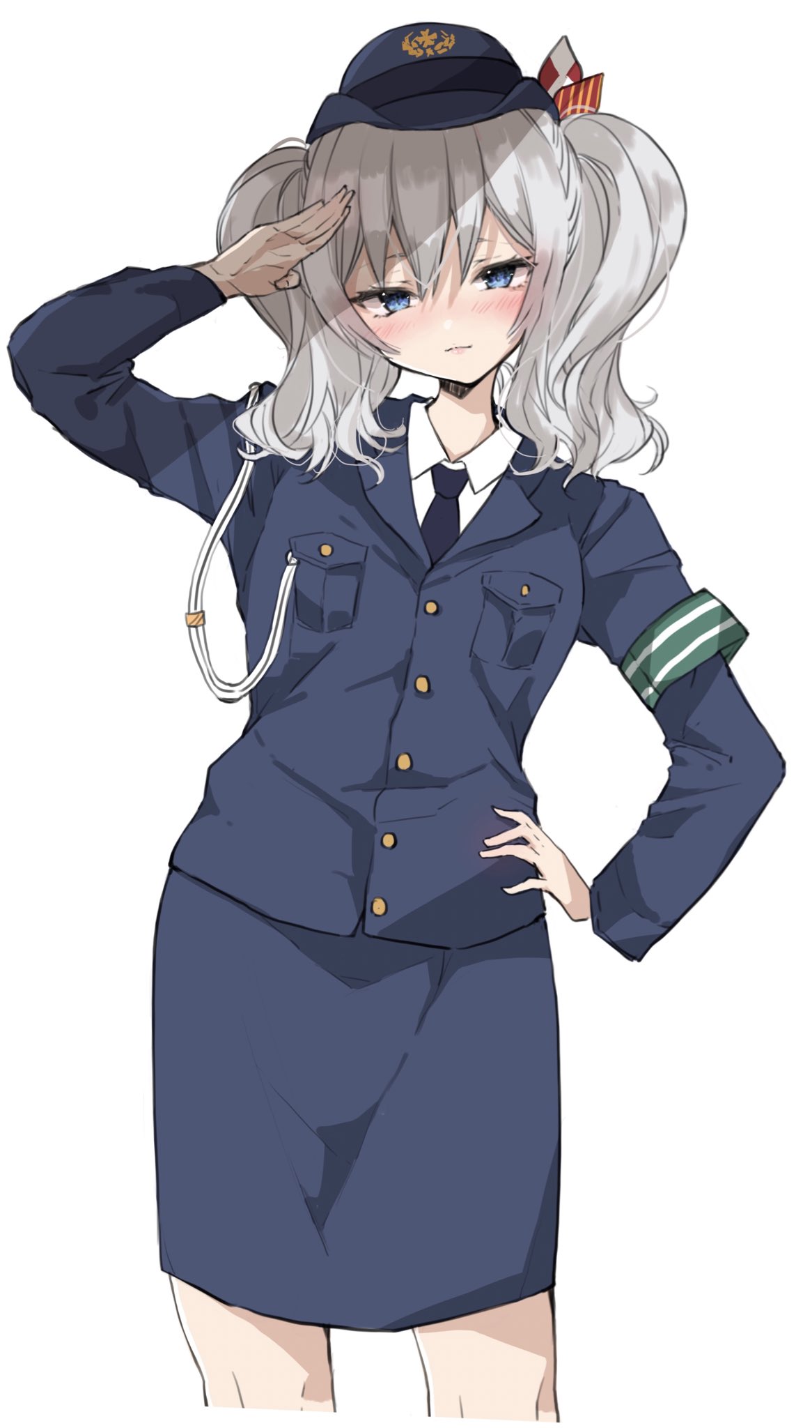 1girl alternate_costume armband black_necktie blue_eyes blue_headwear blue_jacket blue_skirt blush breast_pocket breasts buttons chigasaki_yukari closed_mouth commentary_request grey_hair hand_on_hip hat highres jacket kantai_collection kashima_(kancolle) long_sleeves looking_at_viewer necktie pocket police police_hat police_uniform salute simple_background skirt solo uniform white_background