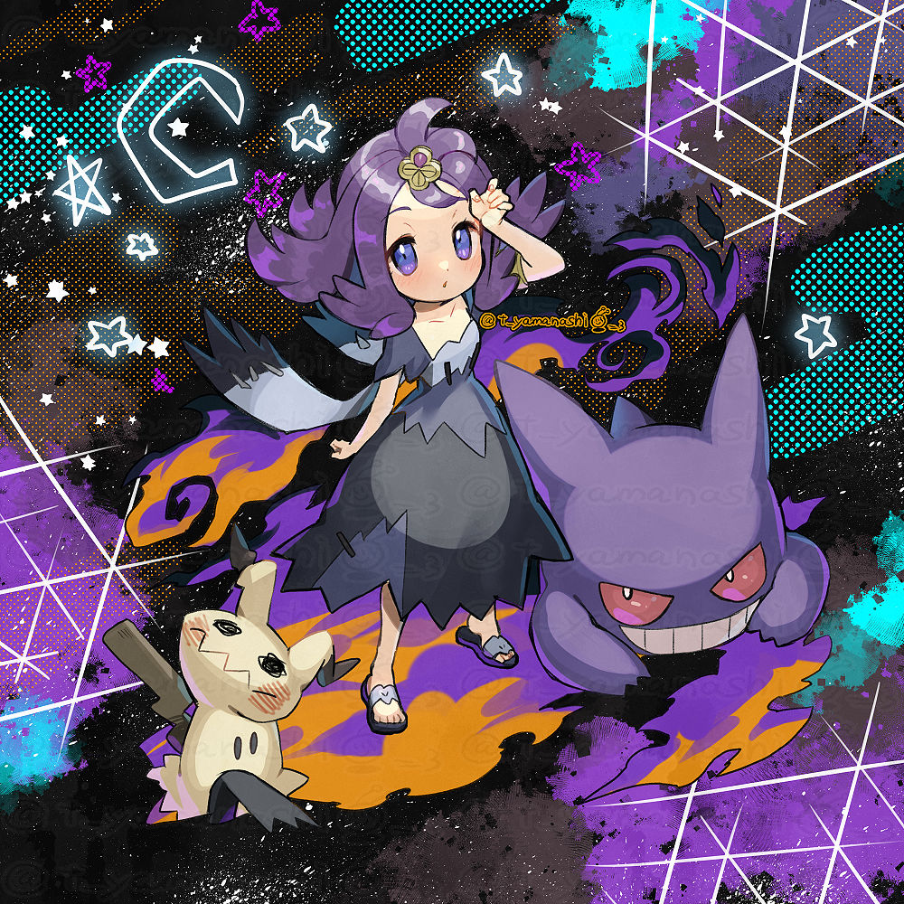1girl acerola_(pokemon) arm_up armlet bangs blue_eyes blush commentary_request dress flip-flops flipped_hair gengar grey_dress hair_ornament hairclip mimikyu multicolored_clothes multicolored_dress pokemon pokemon_(creature) pokemon_(game) pokemon_sm purple_hair sandals short_sleeves star_(symbol) stitches toes topknot torn_clothes torn_dress yamanashi_taiki