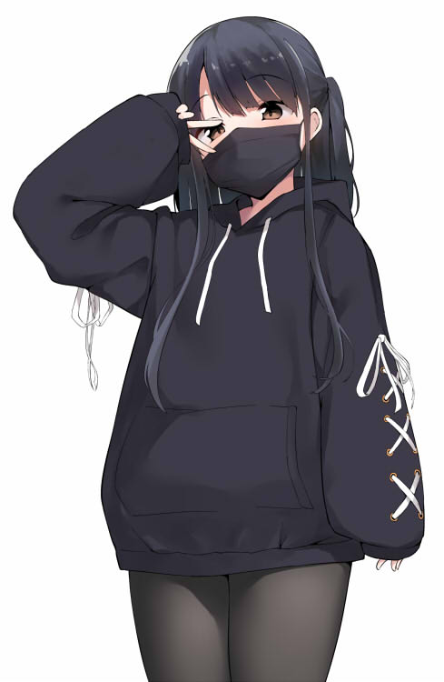 1girl bangs black_hair black_jacket black_mask black_pantyhose brown_eyes jacket long_sleeves looking_at_viewer mask mouth_mask original pantyhose parted_bangs short_hair simple_background sleeves_past_wrists solo standing surgical_mask tera_zip twintails v white_background