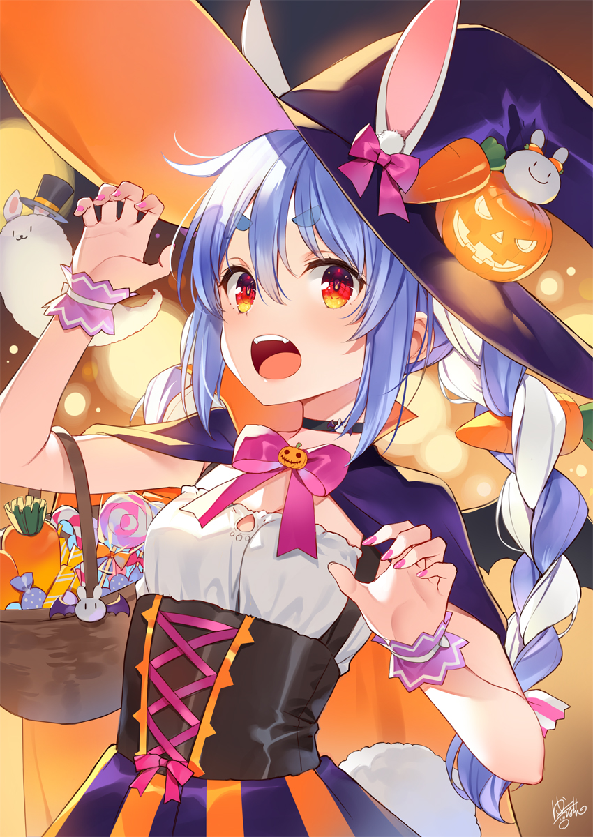1girl alternate_costume animal_ears basket black_headwear black_skirt blue_hair bow bowtie braid breasts candy carrot_hair_ornament corset don-chan_(usada_pekora) fingernails food food-themed_hair_ornament hair_between_eyes hair_ornament halloween hands_up hat highres holding holding_basket hololive jack-o'-lantern long_hair looking_at_viewer multicolored_hair nail_polish open_mouth orange_eyes orange_skirt pink_bow pink_bowtie pink_nails rabbit_ears signature skirt small_breasts solo teeth twin_braids two-tone_hair two-tone_skirt upper_teeth usada_pekora virtual_youtuber white_hair witch_hat wrist_cuffs yuuki_hagure