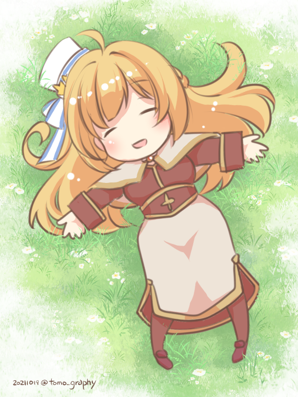 1girl acolyte_(ragnarok_online) ahoge bangs blonde_hair blue_bow blush bow braid breasts brown_footwear brown_pantyhose brown_shirt capelet chibi commentary_request cross dated french_braid full_body grass hat_ornament long_hair long_sleeves lying medium_breasts on_back on_ground open_mouth pantyhose pillbox_hat ragnarok_masters ragnarok_online shirt shoes skirt smile solo star_(symbol) star_hat_ornament striped striped_bow tomo-graphy twitter_username white_bow white_capelet white_headwear white_skirt