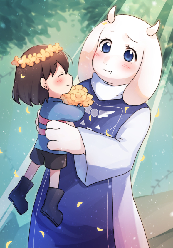 1girl animal_ears bangs black_shorts blue_eyes blue_sweater blush brown_hair closed_eyes flower frisk_(undertale) goat_ears goat_girl holding holding_flower leaf long_sleeves looking_at_another object_hug plant short_hair short_shorts shorts smile striped striped_sweater sweater toriel undertale vines xox_xxxxxx yellow_flower