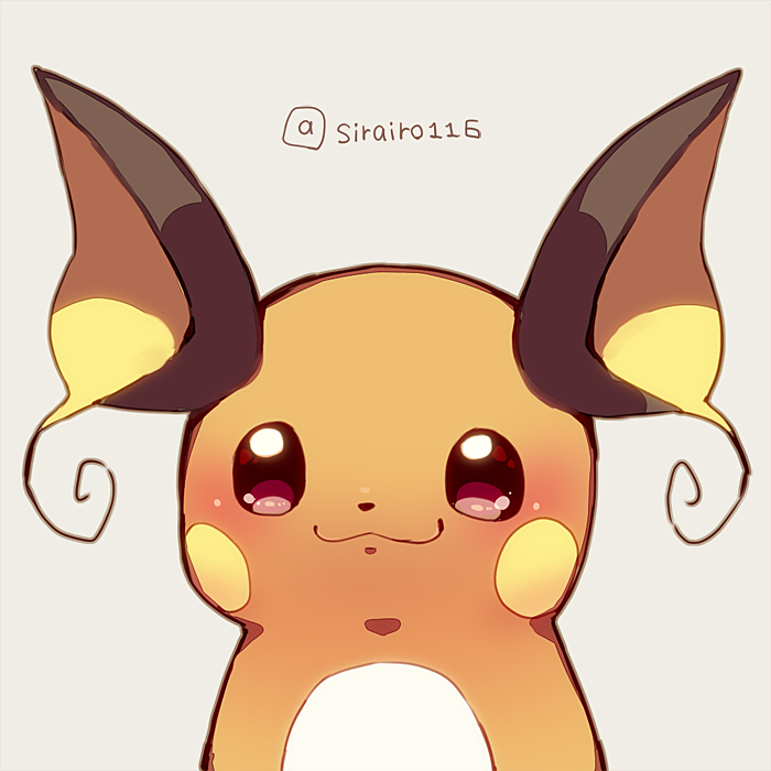 :3 animal_focus artist_name blush blush_stickers brown_outline closed_mouth commentary_request grey_background happy looking_at_viewer no_humans partial_commentary pokemon pokemon_(creature) portrait raichu red_eyes shira_(sirairo116) signature simple_background smile solo twitter_username