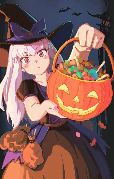 1girl alternate_costume animal_print bangs bat_print black_dress black_headwear blush_stickers candy closed_mouth collarbone commentary dress english_commentary fingernails fire_emblem fire_emblem:_three_houses food green_little halloween halloween_bucket halloween_costume hat holding lollipop long_hair looking_at_viewer lysithea_von_ordelia multicolored_clothes multicolored_dress orange_dress pink_eyes pink_nails puffy_short_sleeves puffy_sleeves purple_dress short_sleeves solo white_hair witch witch_hat