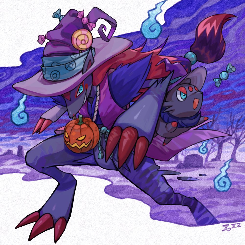 bare_tree candy_wrapper claws commentary_request evolutionary_line green_eyes hat hatted_pokemon jack-o'-lantern no_humans open_mouth oyasuminjyutsu pokemon pokemon_(creature) purple_headwear smile tree witch_hat zoroark zorua