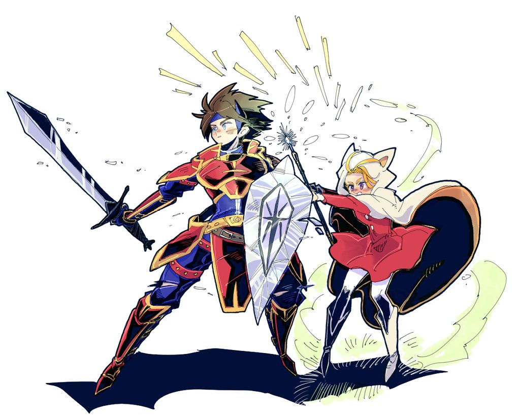 1boy 1girl armor belt blonde_hair brown_hair butz_klauser circlet final_fantasy final_fantasy_v high_ponytail holding holding_shield holding_staff holding_sword holding_weapon knight knight_(final_fantasy) krile_mayer_baldesion saito_piyoko shield square_enix staff sword weapon white_mage