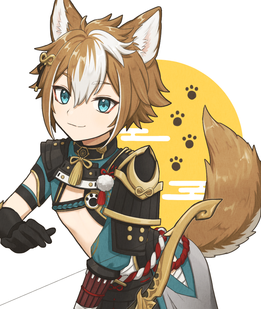 1boy animal_ears aqua_eyes bangs black_gloves brown_hair closed_mouth dog_boy dog_ears dog_tail genshin_impact gloves gorou_(genshin_impact) hair_between_eyes hair_ornament japanese_clothes male_focus multicolored_hair panri pants paw_print smile streaked_hair tail white_hair