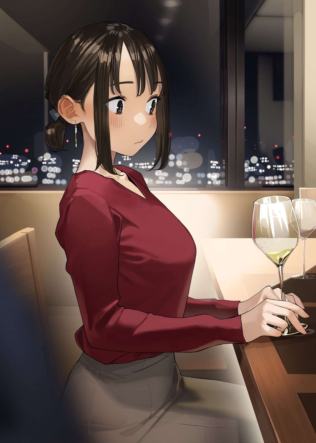 1girl alcohol blush brown_eyes brown_hair closed_mouth collarbone commentary_request cup douki-chan_(douki-chan) drinking_glass earrings ganbare_douki-chan grey_skirt highres holding holding_cup jewelry long_sleeves red_shirt shirt short_hair sidelocks sitting skirt solo yomu_(sgt_epper)