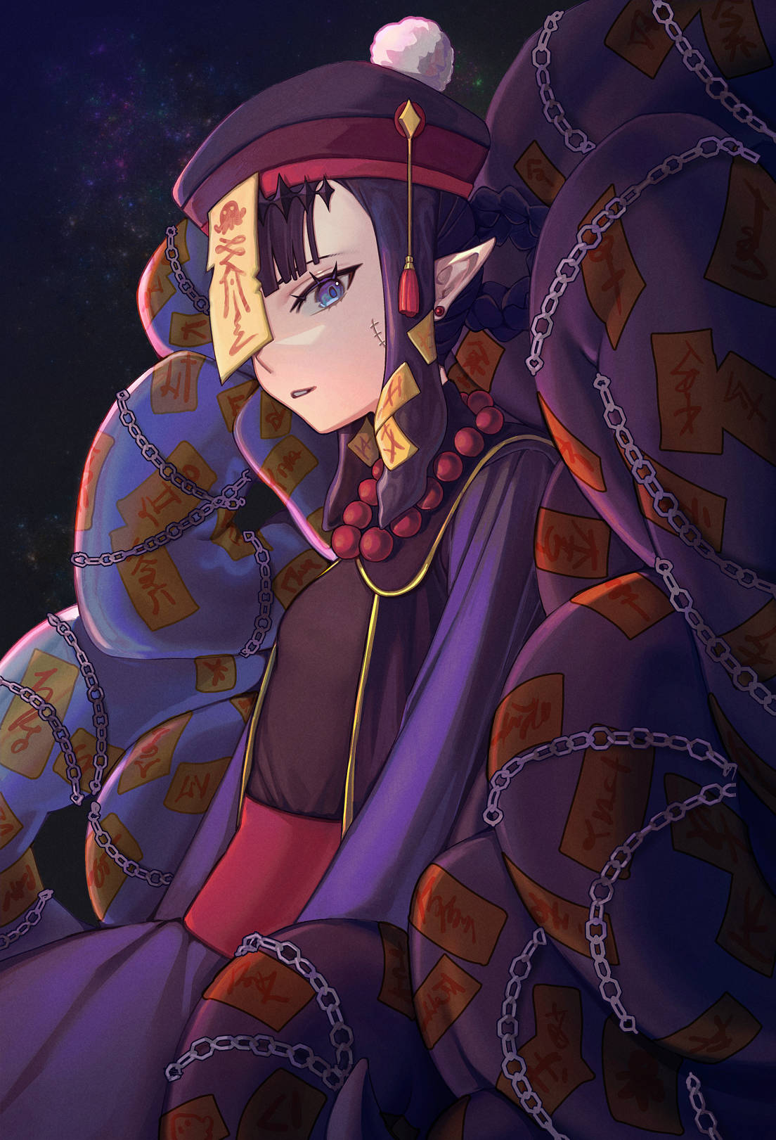 1girl alternate_costume bangs black_hair black_headwear blue_eyes blunt_bangs chain chained chinese_clothes earrings from_side hannilem hat headpiece highres hololive hololive_english jewelry jiangshi long_hair long_sleeves looking_at_viewer ninomae_ina'nis ofuda pointy_ears qing_guanmao sidelocks sideways_glance solo stitched_face stitches tentacle_hair tentacles virtual_youtuber zombification