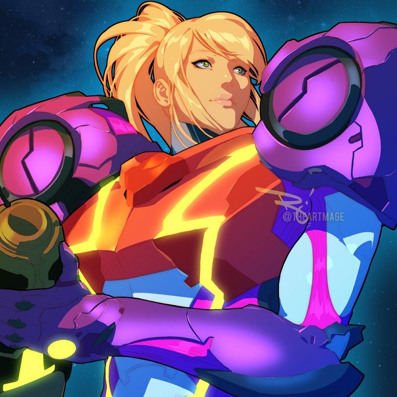 1girl arm_cannon armor bangs blonde_hair blue_eyes bodysuit closed_mouth glowing gravity_suit gun long_hair metroid metroid_dread mole mole_under_mouth ponytail power_armor samus_aran science_fiction simple_background solo the_art_mage upper_body weapon