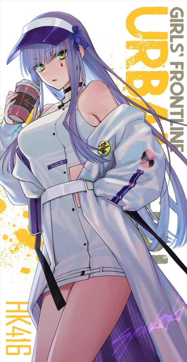 1girl badge bangs bare_shoulders belt blunt_bangs button_badge coffee_cup cowboy_shot cup disposable_cup dress facial_mark girls_frontline green_eyes hand_in_pocket hk416_(girls'_frontline) holding holding_cup jacket jewelry long_hair necklace off_shoulder official_alternate_costume open_clothes open_jacket shoukaki_(earthean) sleeveless sleeveless_dress teardrop teardrop_tattoo visor_cap white_dress white_hair