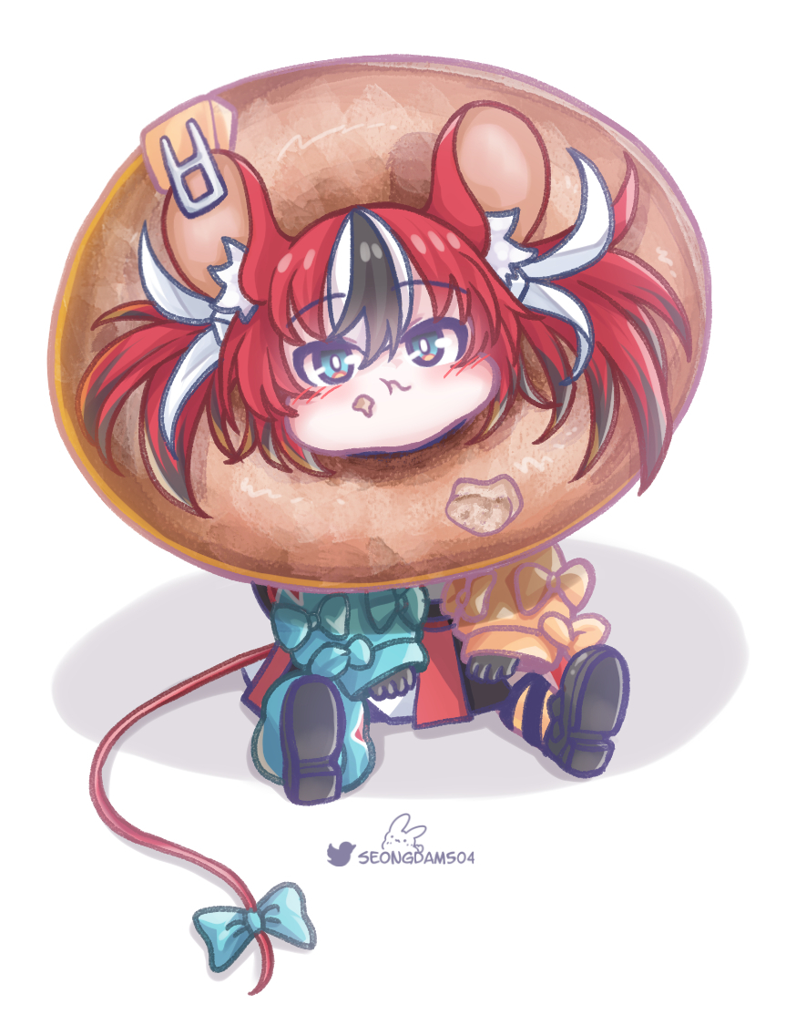 1girl :t animal_ears bagel black_collar black_hair blush_stickers bow chibi collar hakos_baelz hololive hololive_english monja_(monja0521) mouse_ears mouse_girl mouse_tail multicolored_hair oversized_food puffy_cheeks redhead signature sitting streaked_hair tail tail_bow tail_ornament twintails virtual_youtuber white_hair