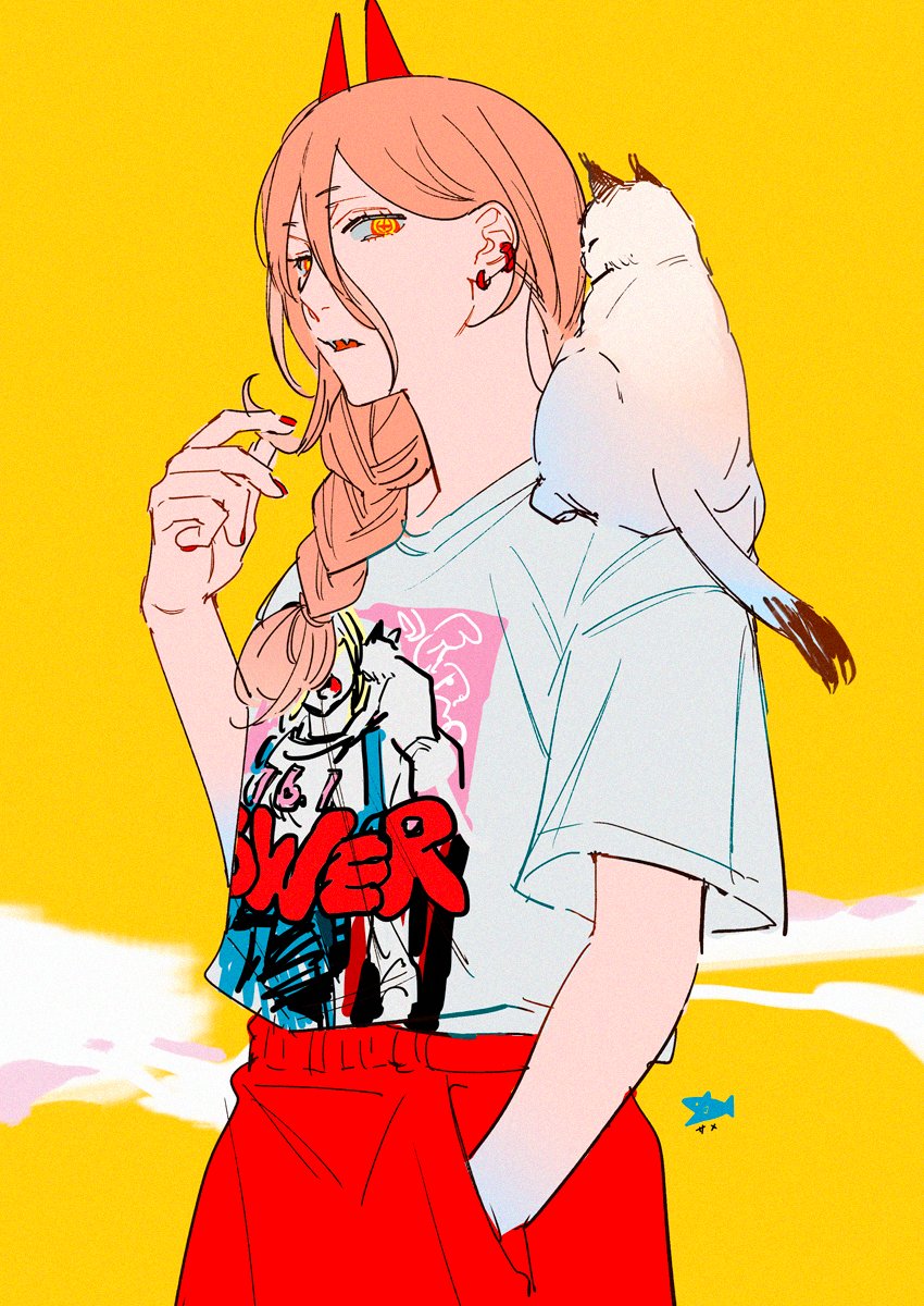 1girl animal_on_shoulder braid cat cat_on_shoulder chainsaw_man earrings fangs hair_between_eyes hand_in_pocket highres holding holding_hair horns jewelry long_hair looking_at_viewer meowy_(chainsaw_man) ohisama33ohayo3 orange_hair power_(chainsaw_man) print_shirt red_horns red_shorts scene_reference shirt shirt_tucked_in shorts simple_background solo_focus white_cat white_shirt yellow_background yellow_eyes