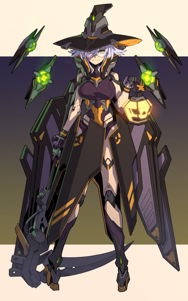 1girl android breasts commentary_request degarashi_(ponkotsu) full_body glasses green_eyes grey_hair hair_over_one_eye halloween hat high_collar holding holding_scythe jack-o'-lantern joints lantern large_breasts looking_at_viewer original pigeon-toed robot_joints scythe solo standing witch_hat