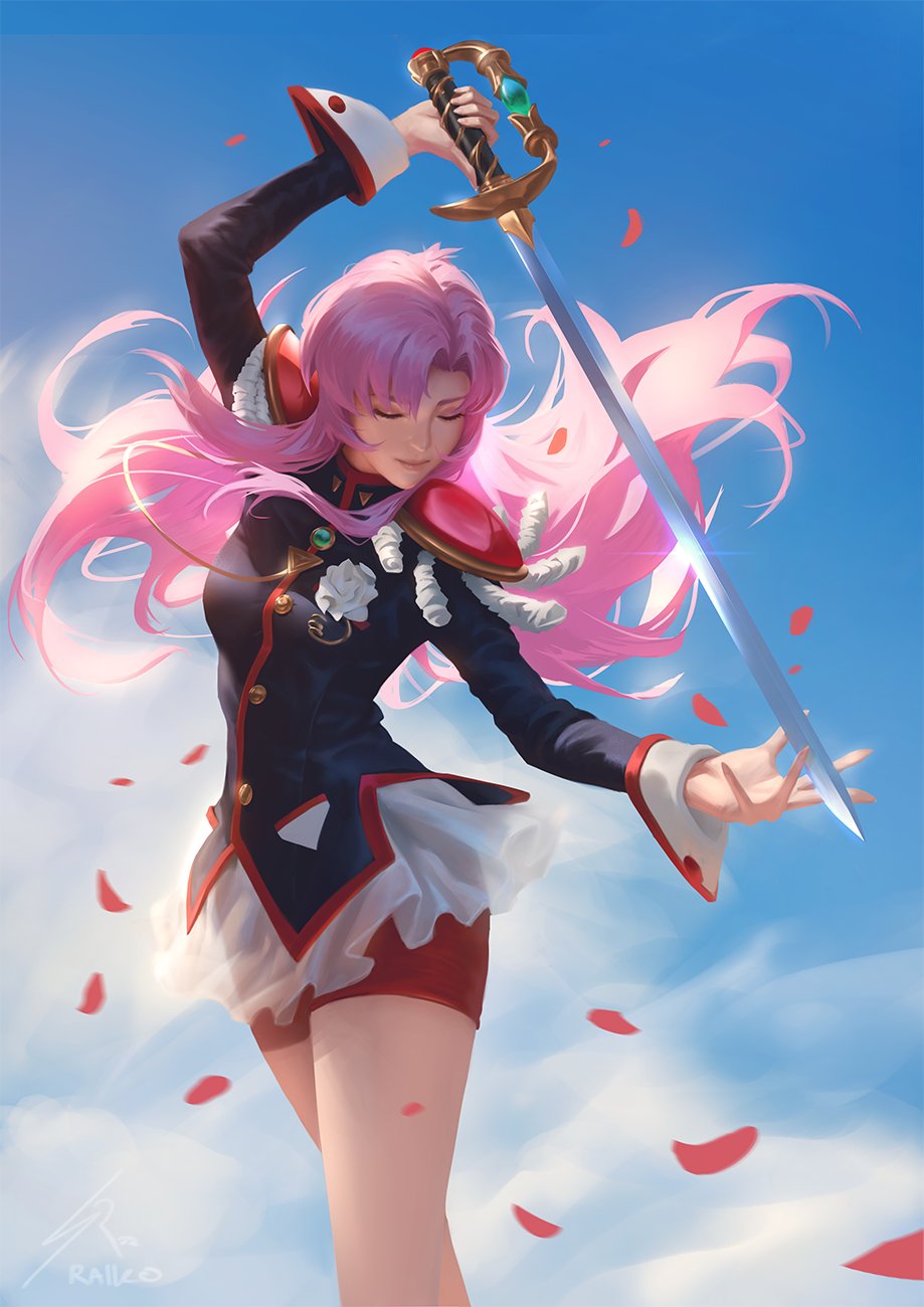 1girl arm_above_head artist_name bangs blue_jacket breasts closed_eyes cowboy_shot epaulettes falling_petals hair_between_eyes highres holding holding_sword holding_weapon jacket long_hair long_sleeves medium_breasts military_jacket outdoors parted_bangs petals pink_hair raikoart red_shorts see-through see-through_skirt shorts shoujo_kakumei_utena signature skirt smile solo sword tenjou_utena weapon