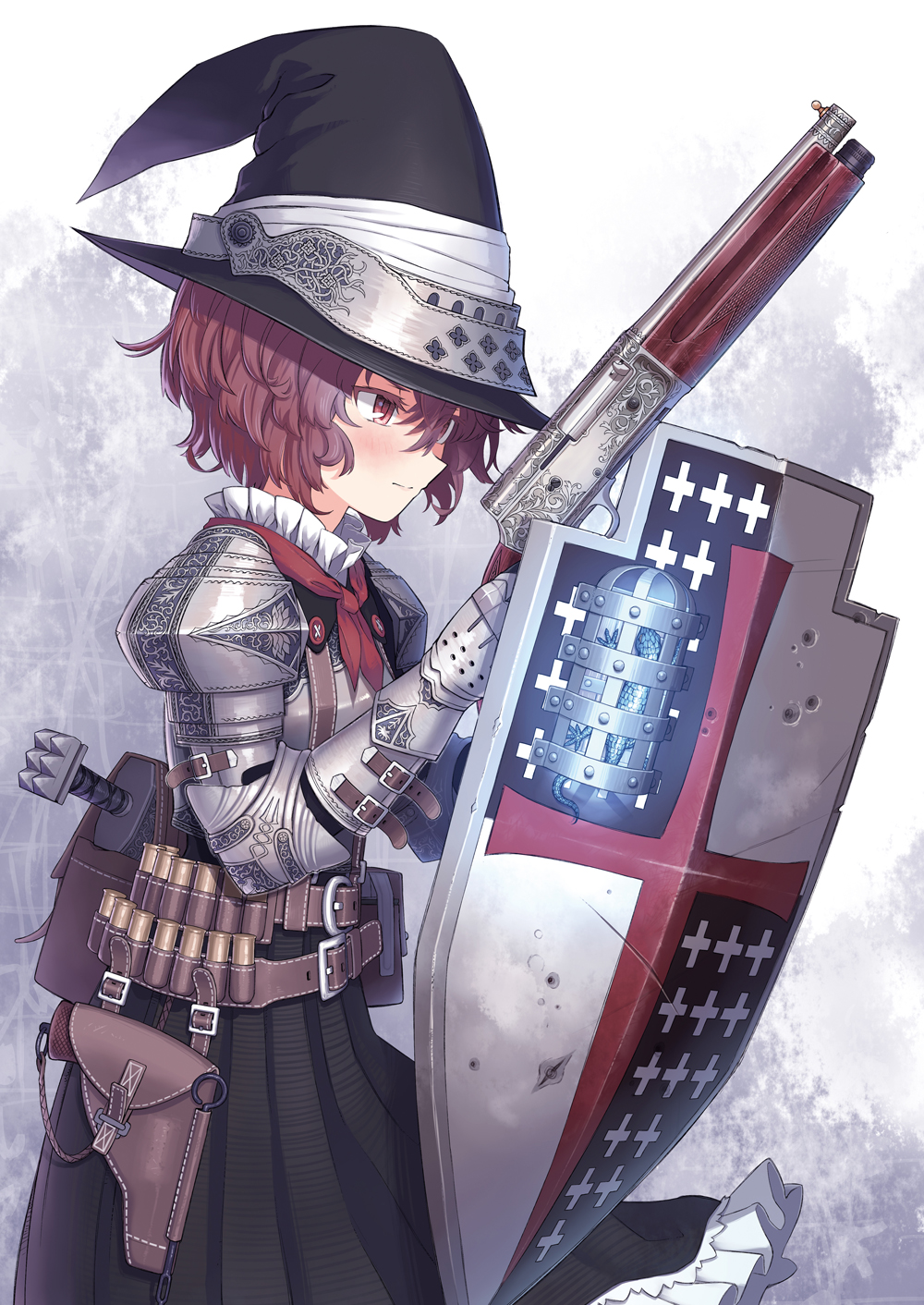 1girl armor bangs breastplate closed_mouth commentary_request cuirass dress frilled_skirt frills from_side gauntlets green_skirt gun hair_between_eyes hat highres holding holding_gun holding_shield holding_weapon holster long_skirt original pauldrons red_eyes redhead samaru_(seiga) shield short_hair shotgun shoulder_armor skirt solo upper_body weapon weapon_request witch witch_hat