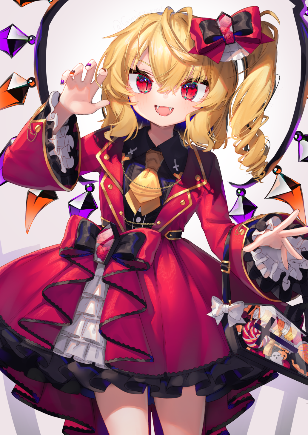 1girl :d alternate_costume ascot bag bangs black_shirt blonde_hair bow coffin commentary_request cross crystal dress fangs feet_out_of_frame flandre_scarlet frilled_sleeves frills gunjou_row hair_between_eyes hair_bow halloween_costume handbag hands_up highres latin_cross long_hair long_sleeves looking_at_viewer nail_polish no_headwear one_side_up open_mouth purple_nails red_bow red_dress red_eyes red_nails shirt smile solo touhou wings yellow_ascot