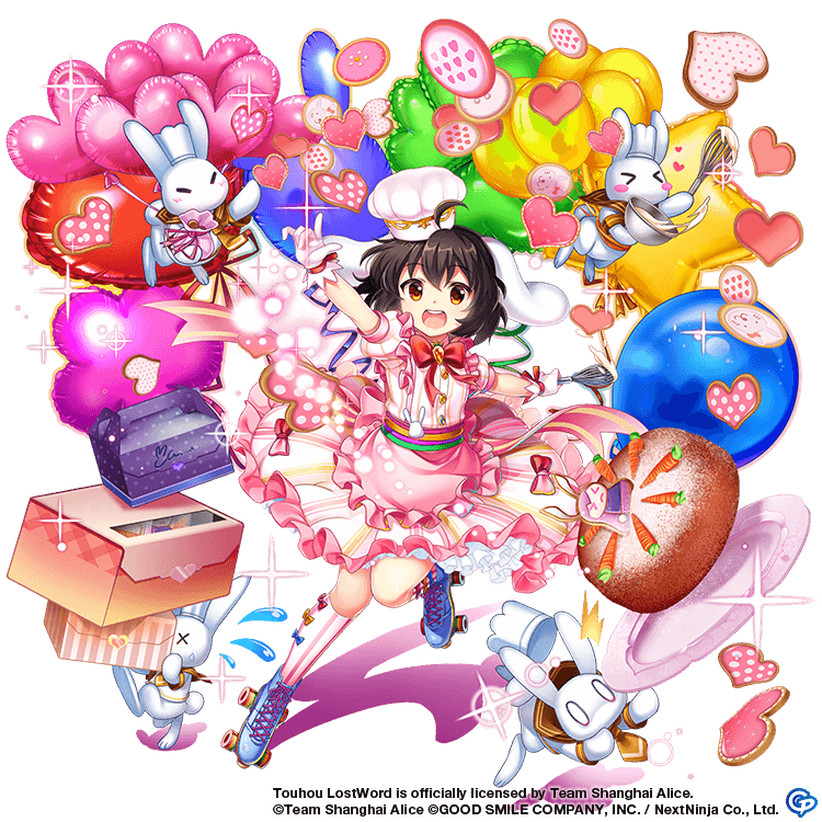 &gt;_&lt; 0_0 1girl :d alternate_costume animal animal_ears apron balloon balloon_flower bangs bare_shoulders black_hair blue_footwear blush blush_stickers bow box buttons cake candy carrot carrot_cake carrot_necklace chef chef_hat chocolate_cake clenched_teeth confetti cookie cooking crumbs dress fireworks flickering floppy_ears flying food food-themed_clothes food_print foodification frilled_apron frilled_dress frilled_skirt frilled_sleeves frills full_body gem gift gift_box gingerbread_cookie gloves grey_hair hair_between_eyes hair_ornament hare_of_inaba hat heart heart-shaped_cookie heart_balloon holding holding_box holding_whisk imperishable_night inaba_tewi jewelry kneehighs light_purple_hair magical_girl multicolored_clothes necklace necktie official_alternate_costume official_art open_mouth orange_eyes patterned_clothing pink_apron pink_dress pink_ribbon pink_shirt plate polka_dot puffy_short_sleeves puffy_sleeves purple_hair rabbit rabbit_ears rabbit_girl rainbow_order red_ribbon reisen_udongein_inaba ribbon ribbon-trimmed_apron ribbon-trimmed_dress ribbon-trimmed_gloves ribbon-trimmed_legwear ribbon-trimmed_skirt ribbon_trim roller_skates rotte_(1109) sailor_collar shirt short_hair short_sleeves signature simple_background skates skirt smile socks solo solo_focus sparkle sparkler sprinkles star_balloon strawberry_print striped striped_bow striped_dress striped_thighhighs stuffed_animal stuffed_bunny stuffed_toy sweatdrop tail teeth thigh-highs throwing too_many_balloons touhou touhou_lost_word vertical-striped_bow vertical-striped_dress vertical-striped_thighhighs vertical_stripes waist_apron whisk white_headwear white_shirt white_skirt yellow_necktie yellow_sailor_collar