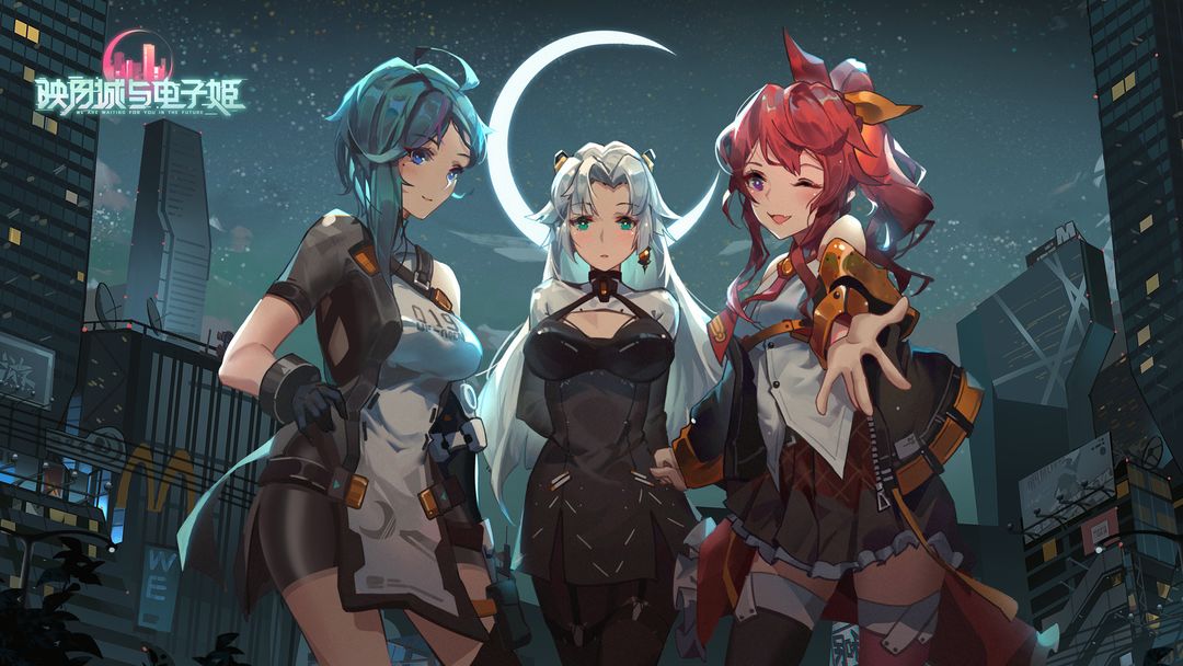 3girls blue_eyes blue_hair building character_request chinese_text closed_mouth cowboy_shot crescent_moon green_eyes long_hair magical_girl mcdonald's medium_hair moon multiple_girls one_eye_closed open_mouth phantomon redhead second-party_source short_hair skyscraper source_request violet_eyes white_hair