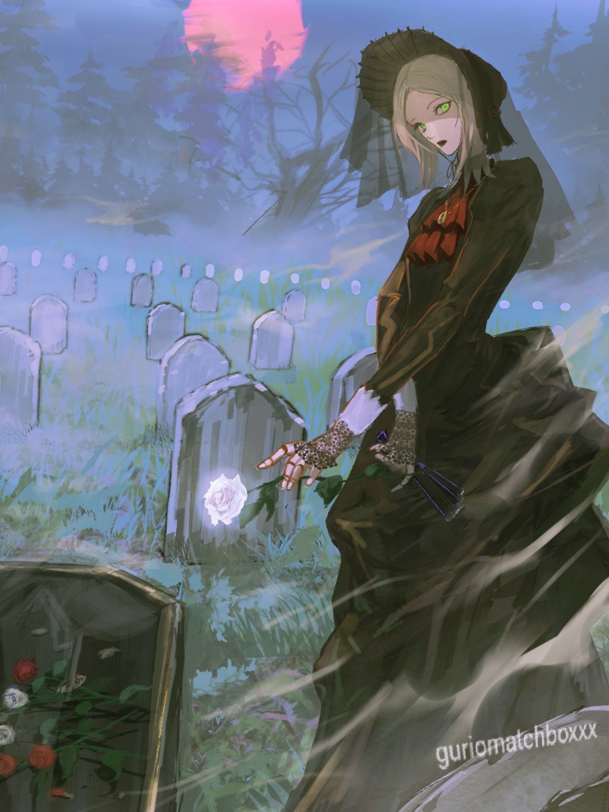 1girl ascot bangs blonde_hair bloodborne bonnet brown_dress brown_gloves cloak doll_joints dress fingerless_gloves flower gloves graveyard green_eyes guri_otoko hat highres holding holding_flower jewelry joints long_sleeves looking_at_viewer medium_hair necklace night outdoors parted_bangs plain_doll red_ascot red_lips solo white_flower