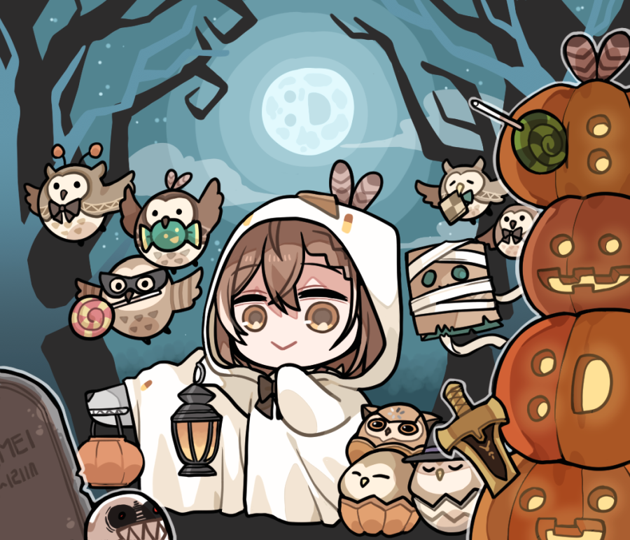 1girl :&gt; :d ahoge animal_(nanashi_mumei) bandages bangs bare_tree bird boomei_(nanashi_mumei) braid braided_bangs brown_eyes brown_hair candy clipe closed_eyes dagger fake_antennae food friend_(nanashi_mumei) full_moon ghost_costume halloween halloween_bucket halloween_costume hat hololive hololive_english hooman_(nanashi_mumei) hootsie_(nanashi_mumei) jack-o'-lantern knife lantern lollipop mask moon multicolored_hair nanashi_mumei nanashi_mumei's_horror_painting owl short_hair sky smile star_(sky) starry_sky streaked_hair tree virtual_youtuber weapon witch_hat