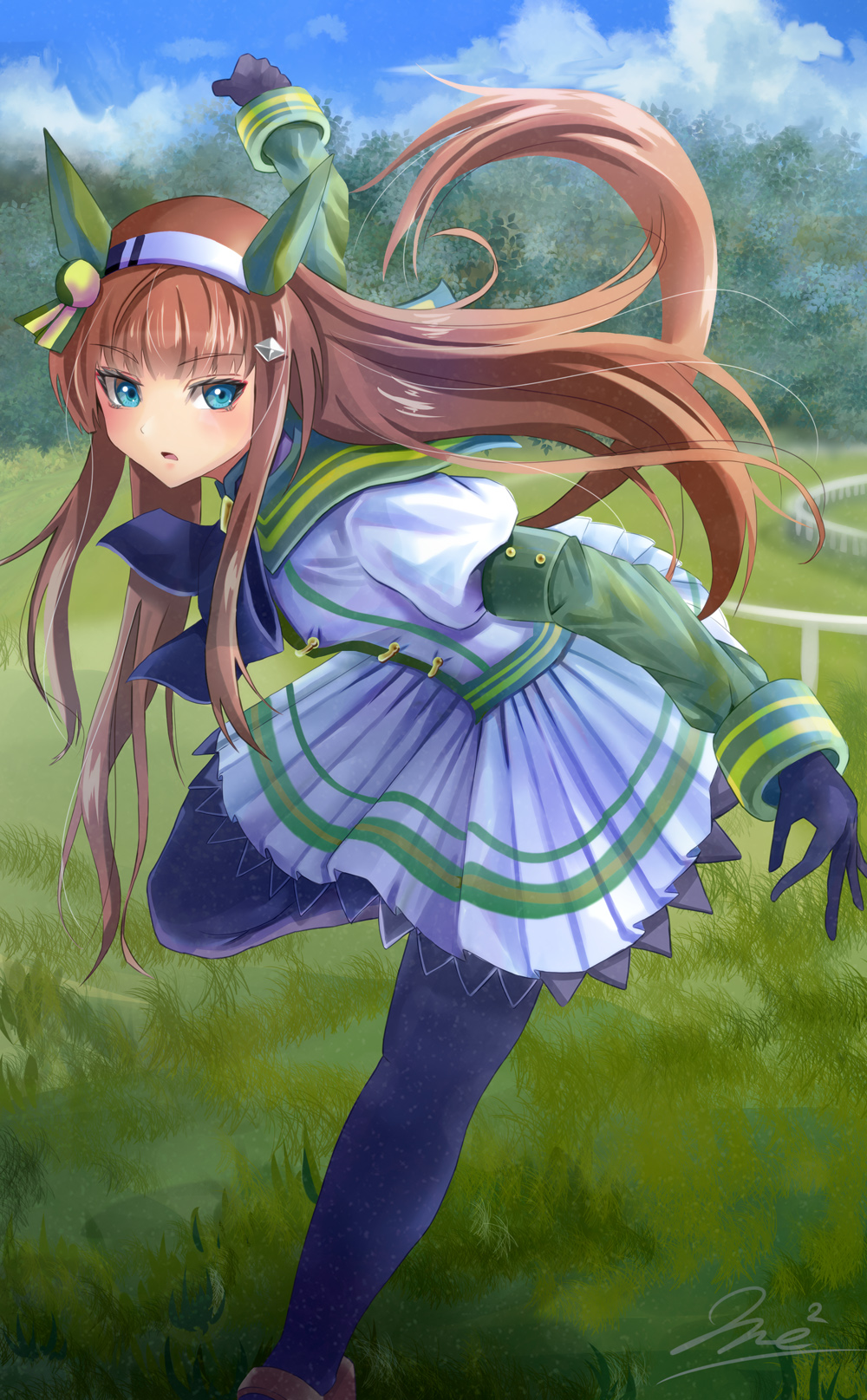 1girl animal_ears arm_up black_bow black_gloves black_pantyhose blue_eyes blue_sky bow brown_hair clouds cloudy_sky commentary_request day feet_out_of_frame floating_hair gloves grass hairband highres horse_ears horse_girl horse_tail jacket layered_sleeves long_hair long_sleeves outdoors pantyhose parted_lips pleated_skirt puffy_short_sleeves puffy_sleeves short_over_long_sleeves short_sleeves signature silence_suzuka_(umamusume) skirt sky solo standing standing_on_one_leg tail umamusume very_long_hair white_hairband white_jacket white_skirt yumibakama_meme