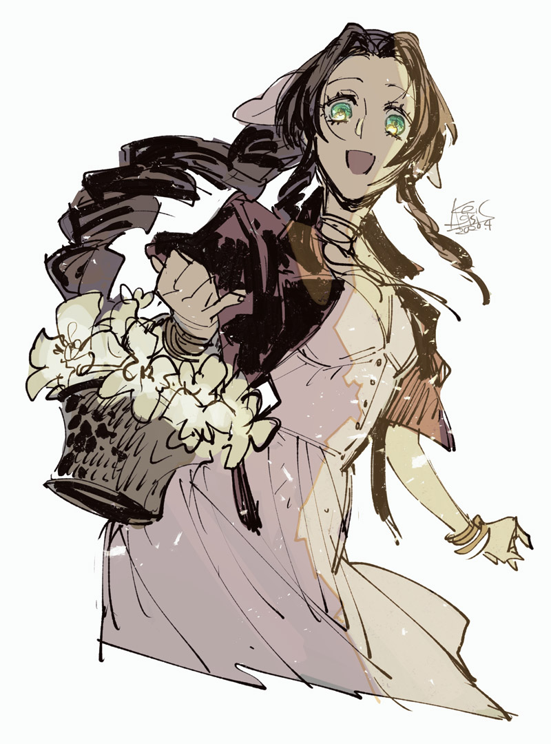 1girl aerith_gainsborough akagishi_k bangle bangs basket bracelet braid braided_ponytail breasts brown_hair buttons choker cowboy_shot cropped_jacket dated dress final_fantasy final_fantasy_vii final_fantasy_vii_remake flower flower_basket green_eyes hair_ribbon holding holding_basket jacket jewelry long_hair looking_at_viewer medium_breasts open_mouth parted_bangs pink_dress pink_ribbon red_jacket ribbon ribbon_choker short_sleeves sidelocks signature sketch smile solo white_background white_flower