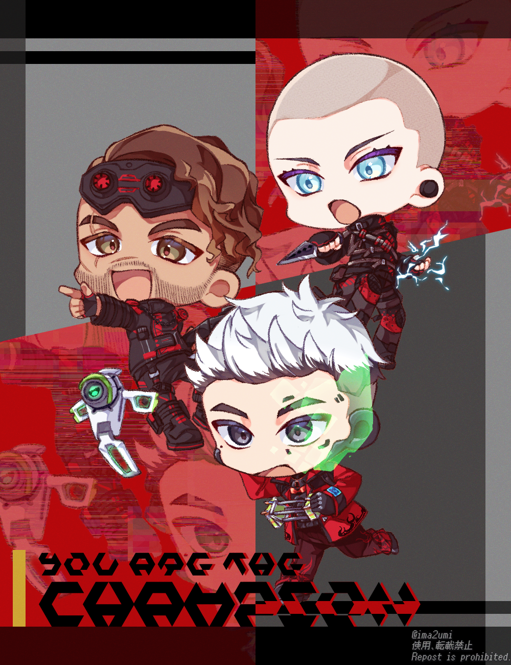 1girl 2boys :o animification apex_legends bald bald_girl black_eyes black_footwear black_jacket black_pants blue_eyes boots brown_eyes chain chibi crypto_(apex_legends) devil's_advocate_crypto drone electricity facial_hair finger_gun fingerless_gloves flame_print gloves goatee goggles goggles_on_head highres holding holding_knife holographic_monitor imazumi_you jacket knife kunai male_focus mirage_(apex_legends) mole mole_under_eye multiple_boys open_mouth pants red_jacket scar scar_across_eye the_prestige_mirage v-shaped_eyebrows vengeance_seeker_wraith weapon white_hair wraith's_kunai wraith_(apex_legends)