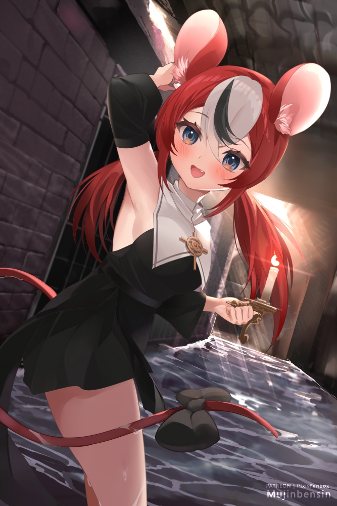 1girl :d alternate_costume animal_ears armpits bangs black_dress black_hair blue_eyes brick_wall candle candlestand cross detached_collar detached_sleeves dress dripping fang habit hakos_baelz hololive hololive_english light_rays low_twintails mouse_ears mouse_girl mouse_tail mujinbensin multicolored_hair nun redhead ribbon sleeveless sleeveless_dress smile streaked_hair tail tail_ornament tail_ribbon tunnel twintails virtual_youtuber water white_hair