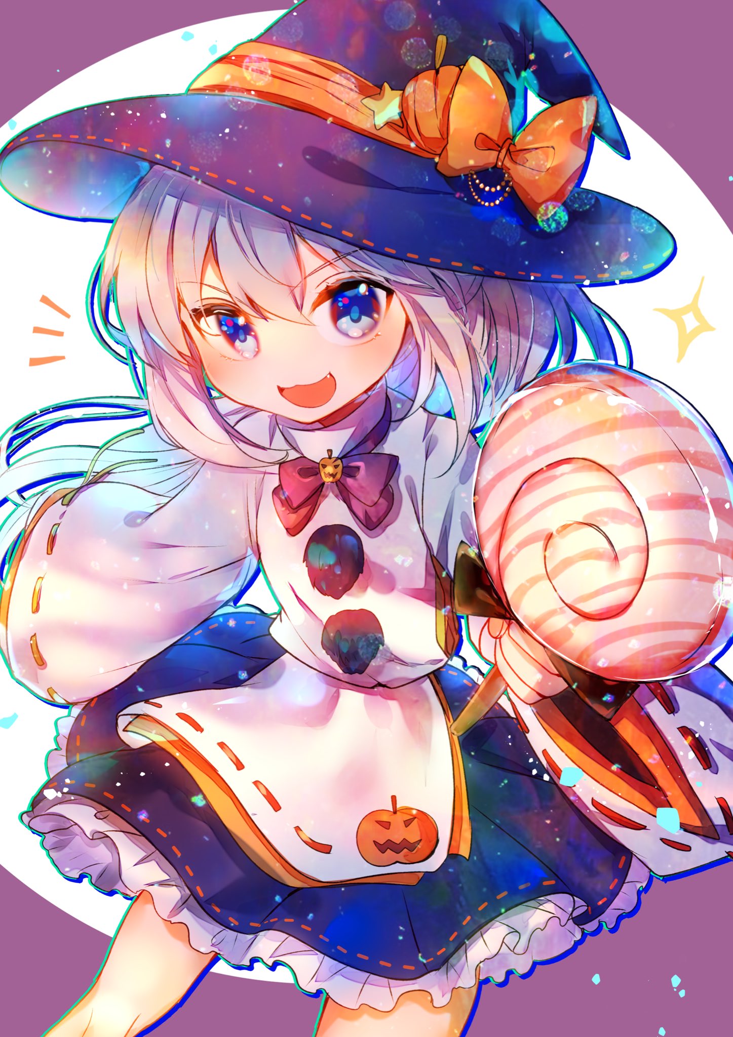 1girl :d black_headwear black_skirt blue_eyes bow bowtie grey_hair halloween_costume hat hat_bow highres itsumizu jack-o'-lantern japanese_clothes kariginu long_hair looking_at_viewer mononobe_no_futo open_mouth orange_bow pom_pom_(clothes) red_bow red_bowtie ribbon-trimmed_sleeves ribbon_trim skirt smile solo touhou wide_sleeves witch_hat