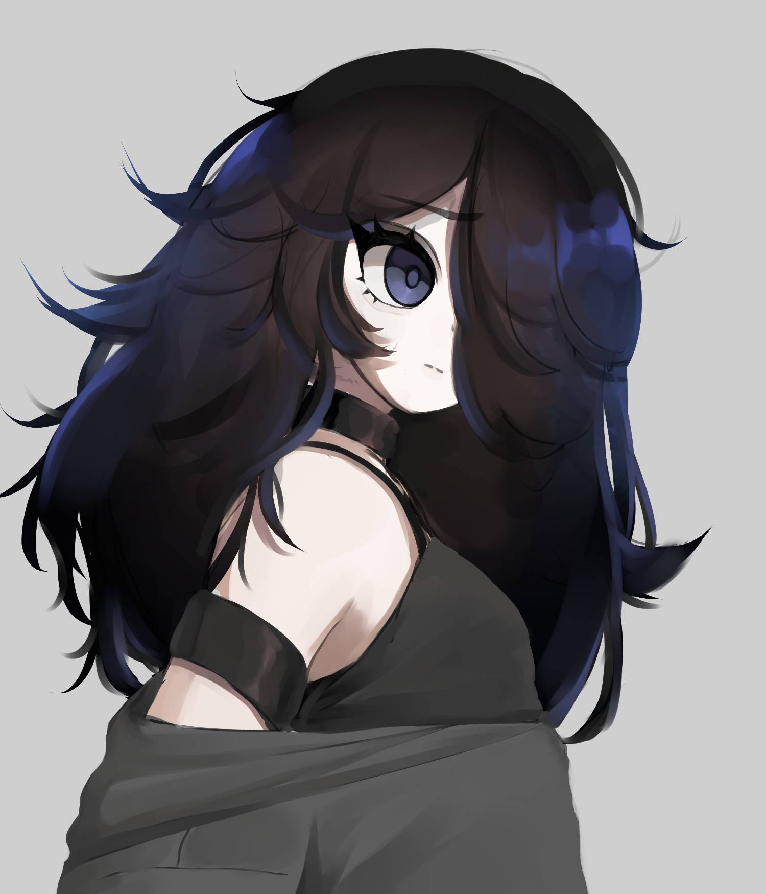 1girl arm_strap bare_shoulders black_camisole black_choker black_hair blue_eyes breasts camisole choker english_commentary eyebrows eyelashes grey_background grey_sweater hair_over_one_eye highres leeyanyan43 light_frown long_hair looking_to_the_side off_shoulder one_eye_covered original small_breasts solo sweater