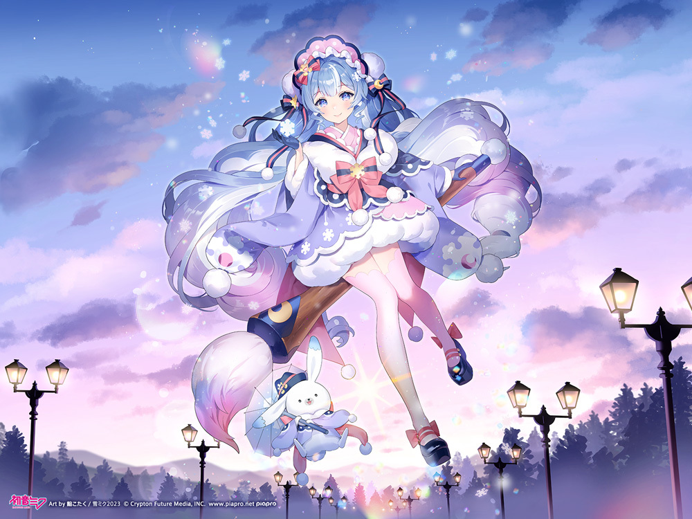 1girl ancotaku animal art_brush black_footwear blue_eyes blue_gloves blue_hair blue_headwear blue_ribbon bow bowtie character_name clouds cloudy_sky commentary company_name crescent crescent_hair_ornament dawn forest full_body fur-trimmed_kimono fur-trimmed_sleeves fur_trim geta giant_brush gloves glowing gradient_hair hair_ornament hair_ribbon hatsune_miku headdress holding holding_umbrella japanese_clothes kimono lamppost lens_flare logo long_hair looking_at_viewer midair mountainous_horizon multicolored_hair musical_note musical_note_hair_ornament nature official_art outdoors oversized_object paintbrush pine_tree pink_bow pink_bowtie pink_hair pink_kimono pink_thighhighs pom_pom_(clothes) purple_kimono rabbit rabbit_yukine ribbon second-party_source sky smile snowflake_print snowflakes striped striped_ribbon sun_hair_ornament thigh-highs tree twintails two-tone_hair two-tone_kimono umbrella very_long_hair vocaloid wide_sleeves yuki_miku yuki_miku_(2023)