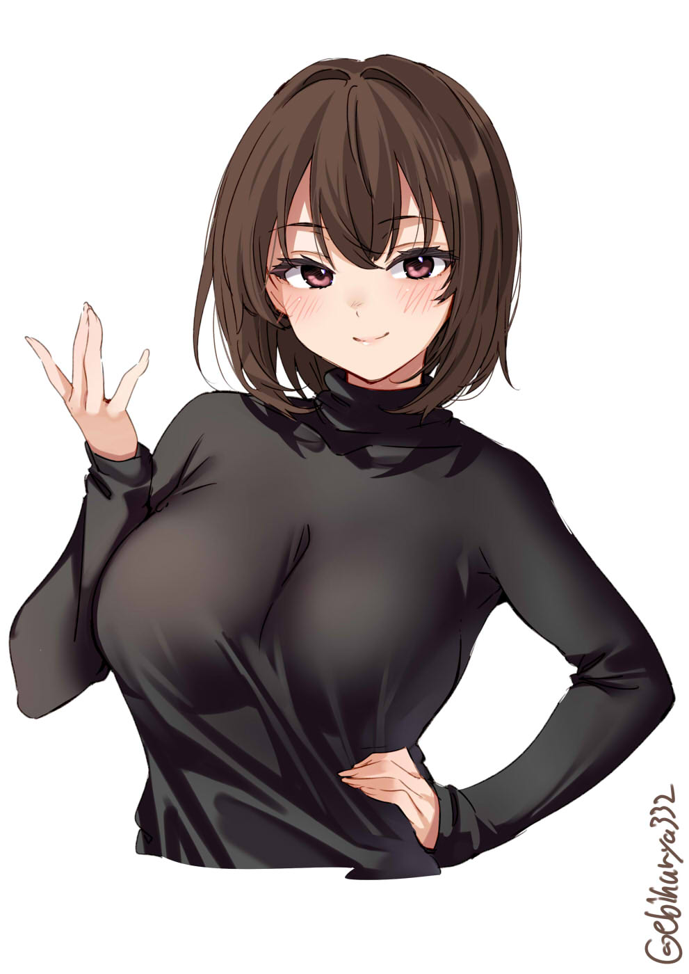 1girl black_shirt blush bob_cut breasts brown_eyes brown_hair ebifurya hair_between_eyes highres hyuuga_(kancolle) kantai_collection large_breasts lips long_sleeves looking_at_viewer one-hour_drawing_challenge shirt short_hair simple_background skin_tight solo turtleneck twitter_username upper_body white_background