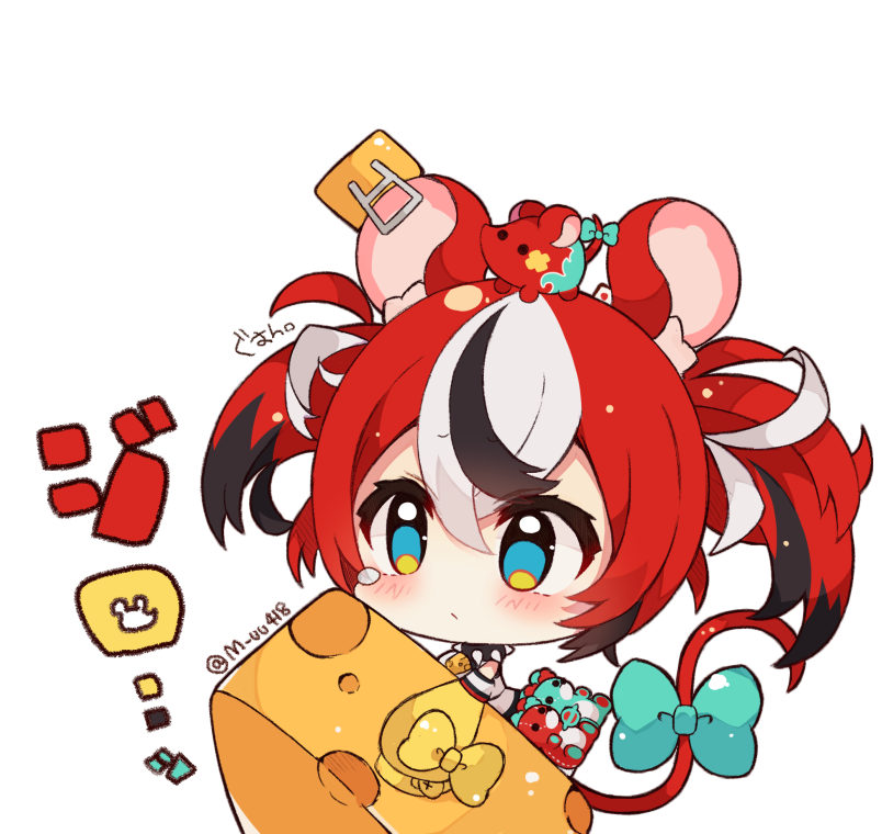 1girl animal animal_ear_fluff animal_ears animal_on_head bangs black_hair blue_bow blue_eyes blush bow cheese chibi closed_mouth collar detached_sleeves food hair_between_eyes hakos_baelz hololive hololive_english long_sleeves mouse mouse_ears mouse_girl mouse_tail mousetrap mr._squeaks_(hakos_baelz) multicolored_hair muuran on_head puffy_long_sleeves puffy_sleeves redhead shirt simple_background sleeves_past_fingers sleeves_past_wrists spiked_collar spikes tail tail_bow tail_ornament tears translation_request twintails twitter_username two-tone_hair virtual_youtuber white_background white_hair white_shirt yellow_sleeves