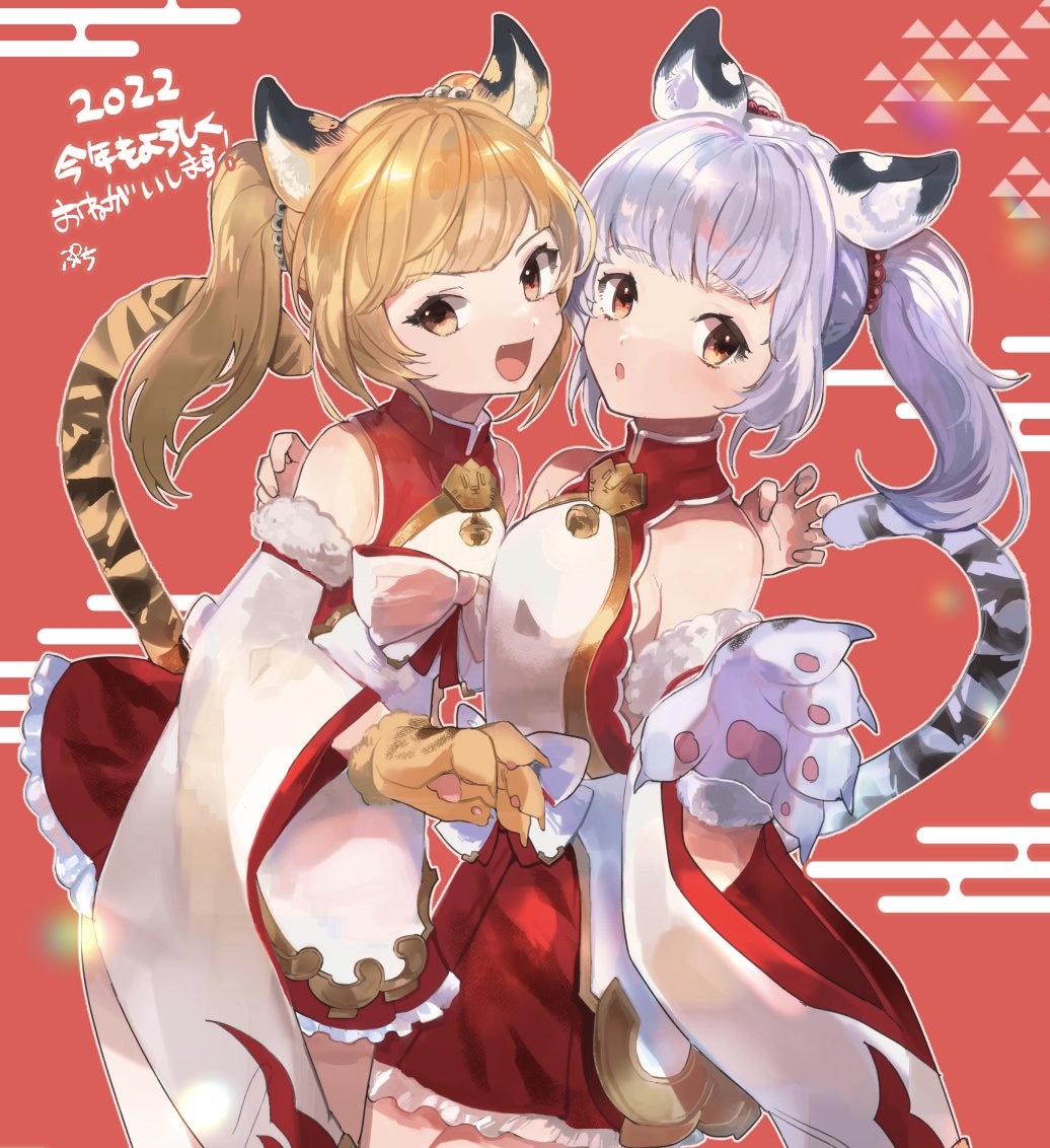 2022 2girls animal_ears animal_hands bai_(granblue_fantasy) bangs bare_shoulders blonde_hair brown_eyes detached_sleeves granblue_fantasy grey_hair huang_(granblue_fantasy) inu_sksk1129 long_hair long_sleeves looking_at_viewer multiple_girls open_mouth ponytail smile standing striped_tail tail tiger_ears tiger_girl tiger_paws tiger_tail wide_sleeves