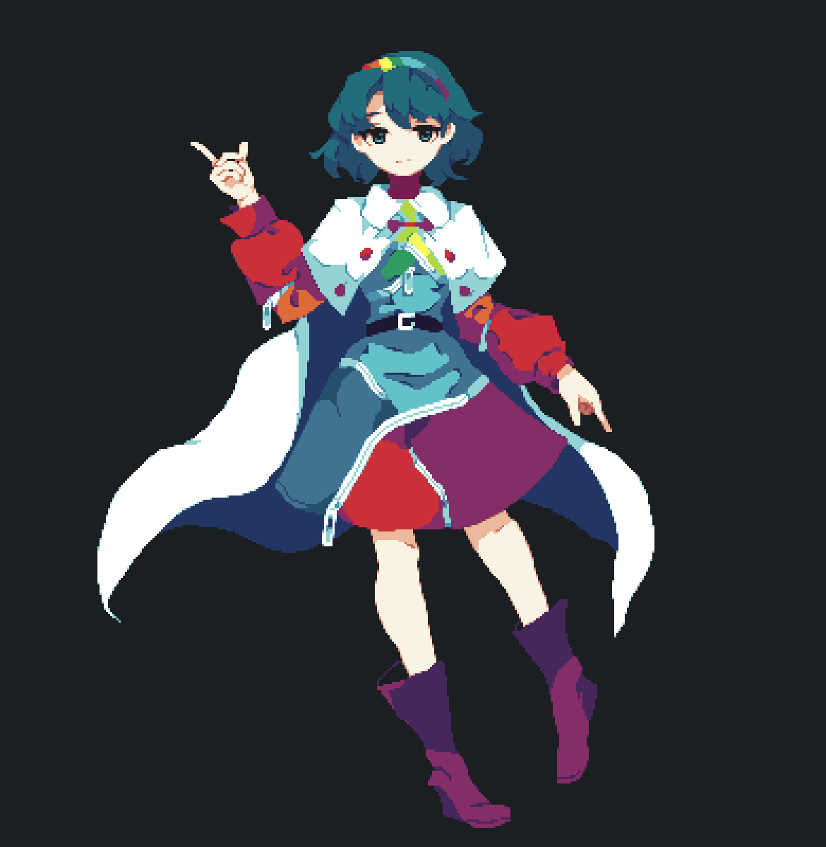 1girl 4qw5 black_background blue_eyes blue_hair boots cape closed_mouth full_body highres long_sleeves looking_at_viewer multicolored_clothes multicolored_hairband pixel_art purple_footwear simple_background solo tenkyuu_chimata touhou white_cape