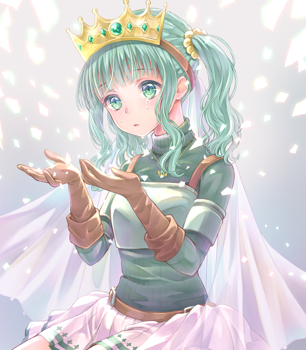 1girl aqua_eyes aqua_hair aqua_sweater armor bangs belt blunt_bangs breastplate brown_belt brown_gloves crown crying crying_with_eyes_open fold-over_boots frilled_skirt frills futaba_sana gem glass_shards gloves green_gemstone grey_background hands_up highres jewelry magia_record:_mahou_shoujo_madoka_magica_gaiden magical_girl mahou_shoujo_madoka_magica medium_hair necklace parted_lips ribbed_sweater riri_(ririwaldorf) sidelocks sitting skirt solo sweater tears turtleneck turtleneck_sweater twintails upper_body veil wavy_hair white_skirt